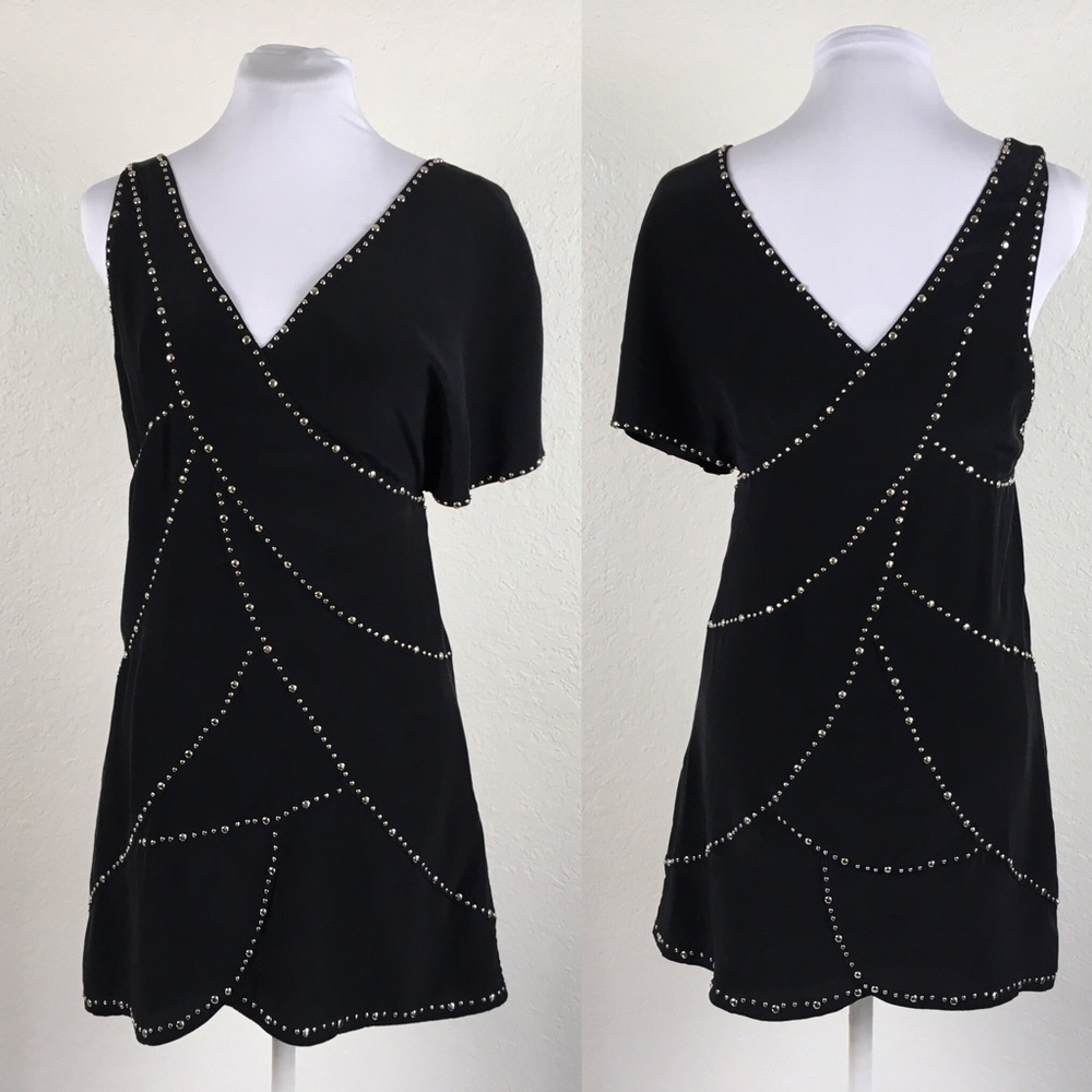 BEBE Studded Asymmetrical Mini Silk Dress